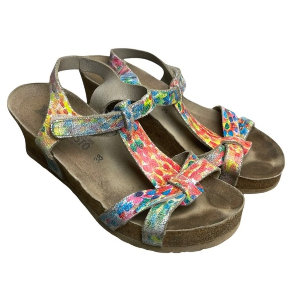 MEPHISTO Women's Liviane Multicolor Leather Wedge Strap Sandal Size 38-Pre-Owned